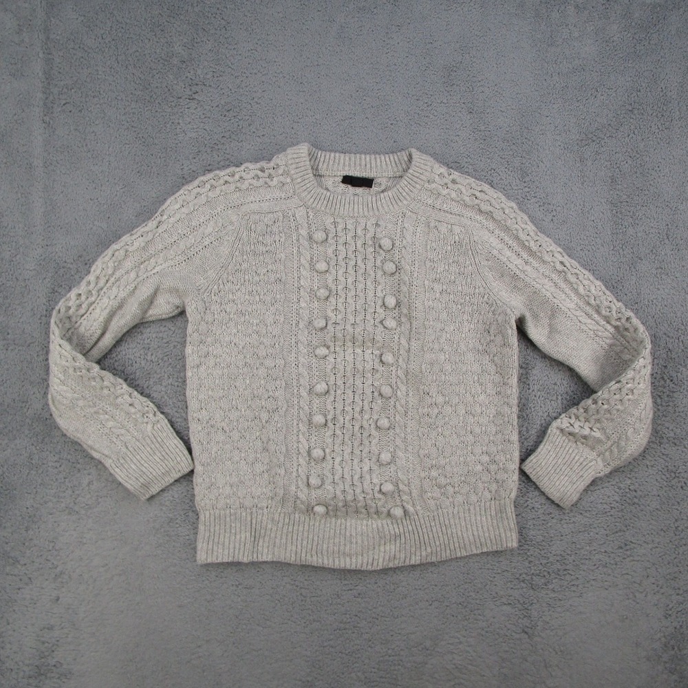 J.Crew Sweater Women Medium Gray Cable Knit Pom Pom Lambswool K5311
